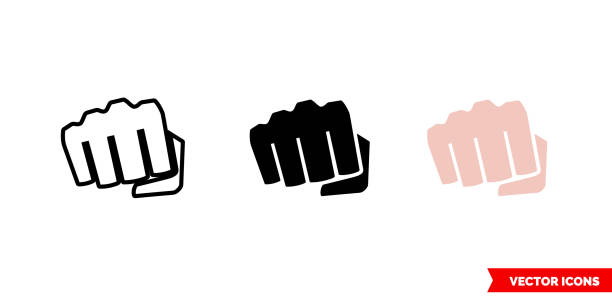 illustrazioni stock, clip art, cartoni animati e icone di tendenza di icona punch di 3 tipi di colore, bianco e nero, contorno. simbolo di segnale vettore isolato - pugno