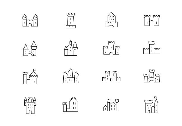 illustrazioni stock, clip art, cartoni animati e icone di tendenza di icone vettoriali a linea sottile del castello. tratto modificabile - castello