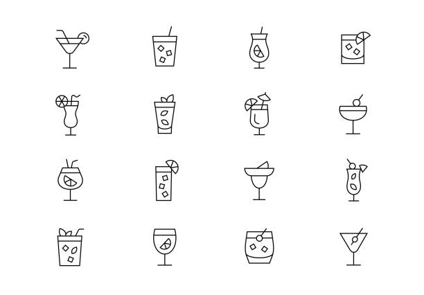 칵테일 얇은 라인 벡터 아이콘. 편집 가능한 스트로크 - whisky shot glass glass beer glass stock illustrations