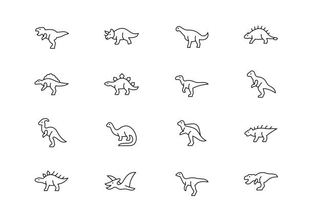ilustraciones, imágenes clip art, dibujos animados e iconos de stock de dinosaurios iconos vectoriales de línea delgada. trazo editable - dinosaurio