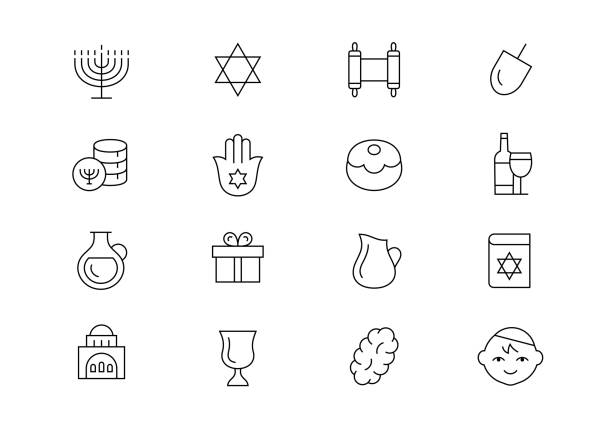 ilustraciones, imágenes clip art, dibujos animados e iconos de stock de iconos vectoriales de línea delgada de hanukkah. trazo editable - menorah hanukkah israel judaism