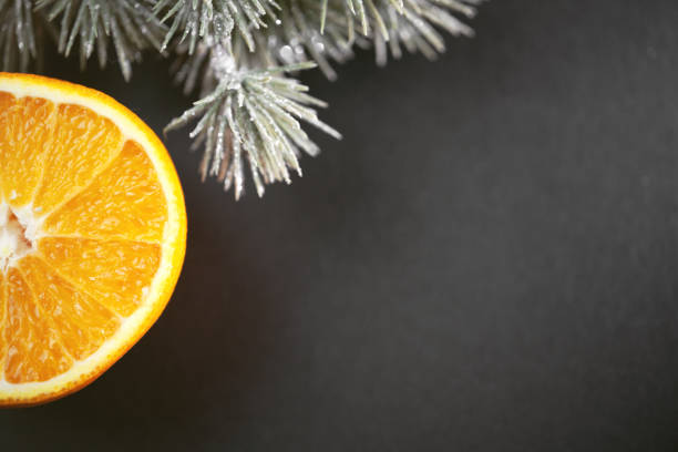 Close-up photography of an orange fruit and snowy pine needles with copy space and black background. Perfectly usable for all elegant winter subjects.