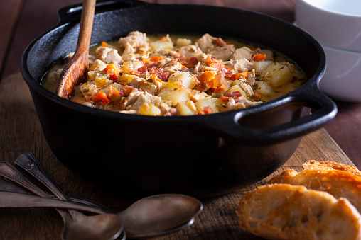 Potato Chicken Soup with Bacon in a Cast Iron Dutch Oven