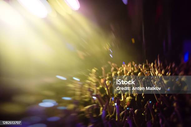 Abstract Concert Crowd Made With Lensbaby Stock Photo - Download Image Now - Yellow, Stage - Performance Space, Live Event