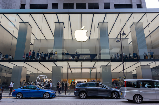 Hong Kong, Hong Kong - October 23, 2020 : People at the Apple Store during the launch day of the new iPhone 12 and iPhone 12 Pro phones in Hong Kong.