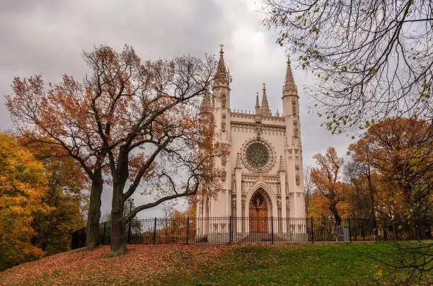 Golden autumn in Peterhof, Saint-Petersburg, Russia, Gothic chapel of Alexander Nevsky in Alexandria Park, yellow leafs