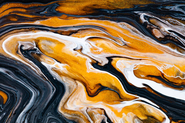 istock Fluid art texture. Backdrop with abstract swirling paint effect. Liquid acrylic picture with flows and splashes. Mixed paints for interior poster. White, navy blue and golden overflowing colors. 1282514283