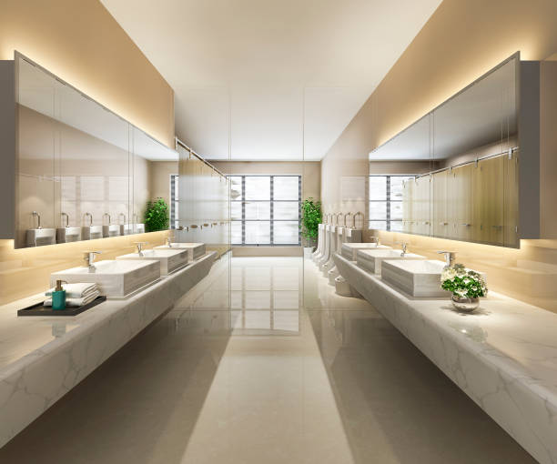 istock 3d rendering wood and modern tile public toilet 1282515410
