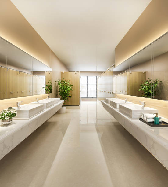 3d rendering wood and modern tile public toilet