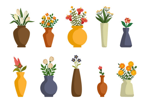 blumen in vasen, arrangements dekorationen für zu hause, büro - blumenvase stock-grafiken, -clipart, -cartoons und -symbole