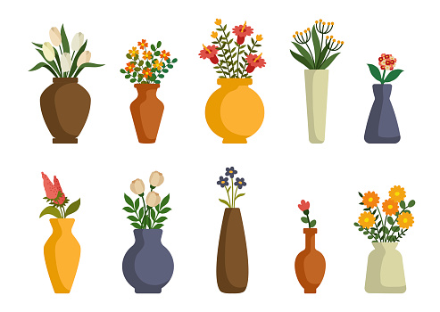 Flowers in vases, arrangements decorations for home, office. Bouquets for weddings, birthday parties decor. Vector flat style cartoon illustration isolated on white background