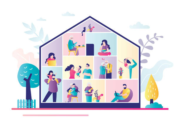 Modern city building. Various people in rooms. People stay at home. Urban view, weekend day concept banner. Modern city building. Various people in rooms. People stay at home. Urban view, weekend day concept banner. Different people characters in trendy style. Flat Vector illustration family home stock illustrations