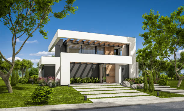 3d rendering of modern house in luxurious style 3d rendering of modern cozy house with pool and parking for sale or rent in luxurious style and beautiful landscaping on background. Summer sunny day with clear blue sky. houses stock pictures, royalty-free photos & images