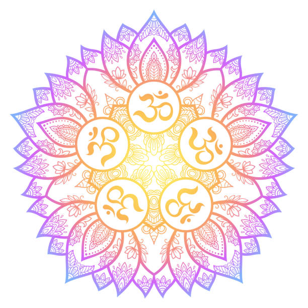 ヘナ、mehndi、装飾のための古代ヒンドゥー教のマントラ om と蓮の花と曼荼羅の形で色の円形のパターン。オリエンタルスタイルの装飾装飾。白い背景に虹のデザイン。 - tao点のイラスト素材／クリップアート素材／マンガ素材／アイコン素材