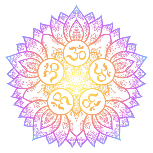 ilustrações, clipart, desenhos animados e ícones de cor padrão circular em forma de mandala com antigo mantra hindu om e flor de lótus para henna, mehndi, decoração. ornamento decorativo em estilo oriental. design de arco-íris no fundo branco. - om symbol lotus hinduism symbol