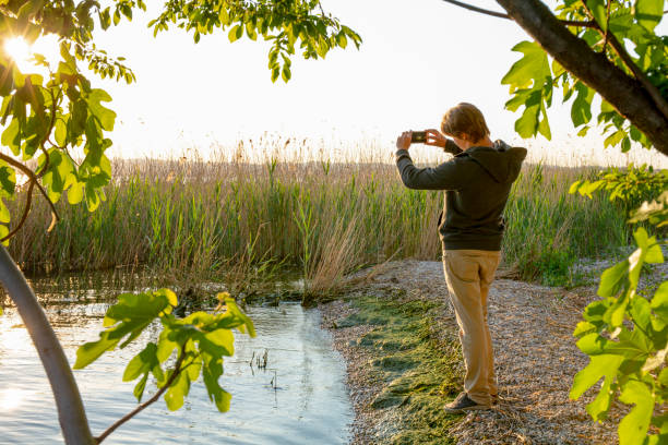 istock Young man uses mobile phone on a lakeshore at sunset 1282519889