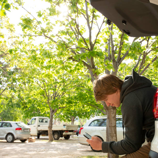 istock Young man sits in car trunk and uses mobile phone 1282519946