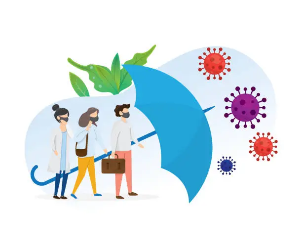 Vector illustration of Umbrella protecting people from coronavirus infection, illustration of corona virus prevention on flat style design vector.
