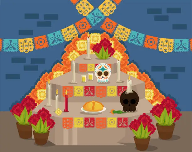 Vector illustration of dia de los muertos poster with prayer altar and garlands