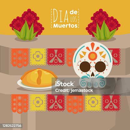 istock dia de los muertos poster with skull head and food 1282522756