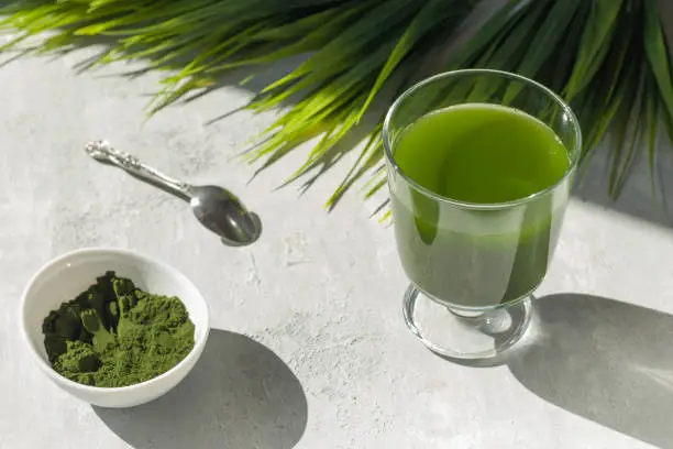 Chlorella detox healthy drink in glass and powder on light background. Superfood, natural antioxidant for a green diet. Anti-aging effect. Hard shadows