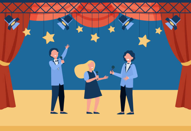 Happy children with microphones performing on stage Happy children with microphones performing on stage, playing roles in school theater or singing. Vector illustration for talent show, concert, performance, childhood concept stage actress stock illustrations