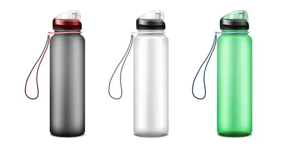 Vector illustration of Transparent plastic water bottle with carry strap isolated on white background, vector mock-up. Sport fitness flask, template. Color set. Easy to recolor