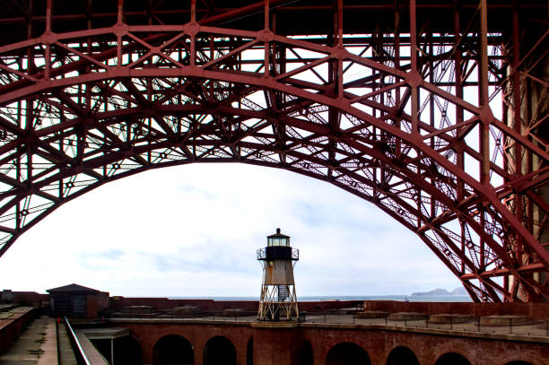 une vue sur le dessous du golden gate bridge de fort point à san francisco - fort point historic site photos et images de collection