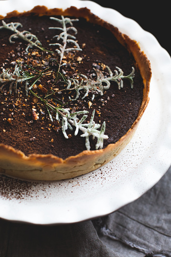 Vegan-licious chocolate and nuts torte topped with frosted rosemary branches.