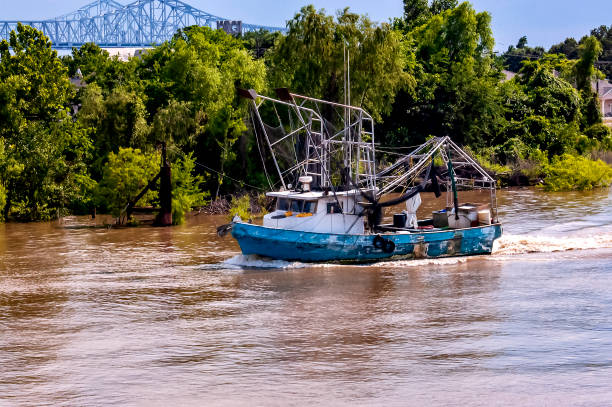 shrimp boat on the muddy mississippi river - barco de pesca de camarões imagens e fotografias de stock