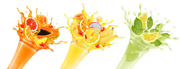 сладкий экзотический всплеск сока. целая и нарезанная папайя, вишня, персик, грейпфрут и апельсин в сладком джусе или коктейле с брызгами и � - juce stock illustrations