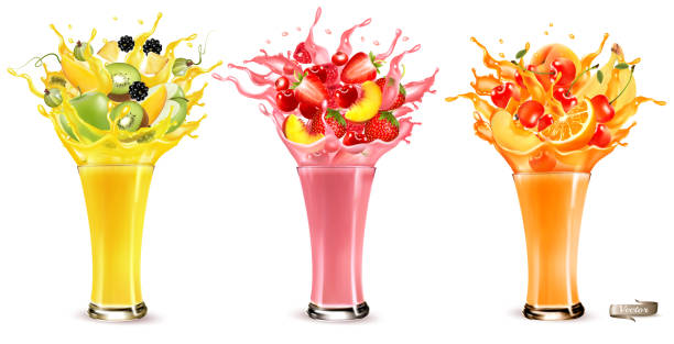 istock Set of fruit juice splash. Whole and sliced Strawberry, raspberry, mango, peach, kiwi, orange, cherry, blackberry, banana in juice or cocktail with splashes and drops. Vector. 1282527180
