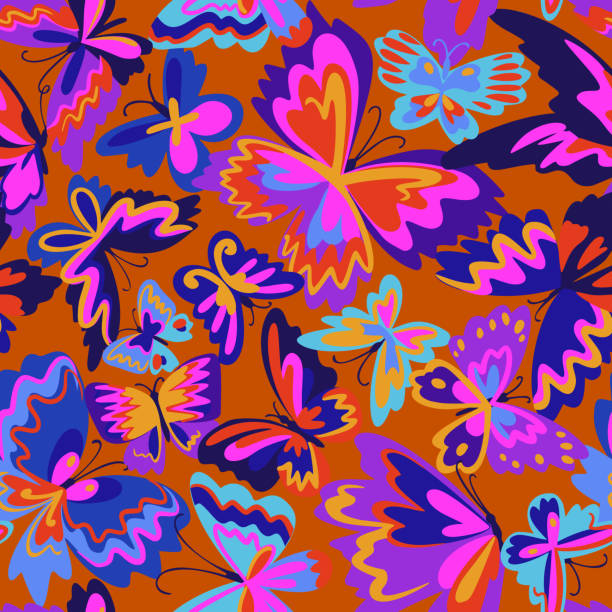 illustrations, cliparts, dessins animés et icônes de motif vectoriel avec papillons décoratifs. fond transparent abstrait. design plat coloré pour le tissu et le textile. style de mode. - butterfly backgrounds seamless pattern