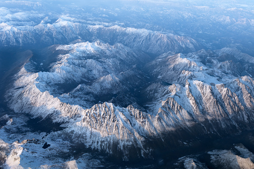 Aerial view of the Northern Cascades in Washington. Photo taken after an early season snowfall