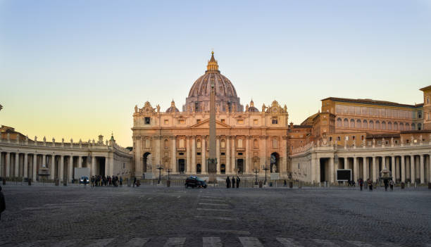 View at dawn of St. Peter's square in the Vatican city in Rome, Basilica of Saint Peter