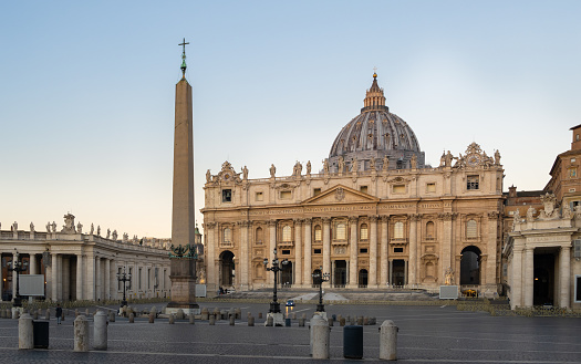 View at dawn of St. Peter's square in the Vatican city in Rome, Basilica of Saint Peter