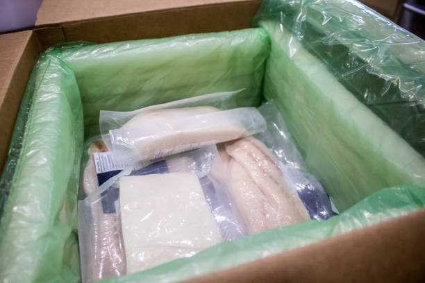 Shipped fish frozen in insolated box stylrofoam insolation and dry ice - close-up stock photo
