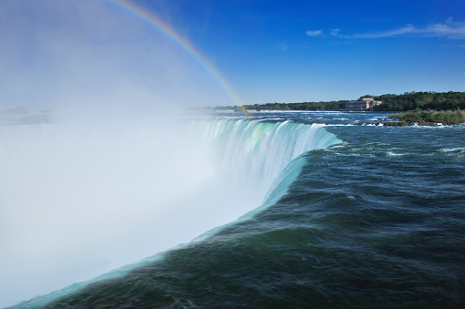 Close-up of the Niagara falls and rainbow reflection blue sky, USA.