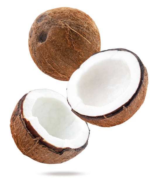 istock Coconut whole and half falling on a white, isolated. Levitating coconut 1282533661
