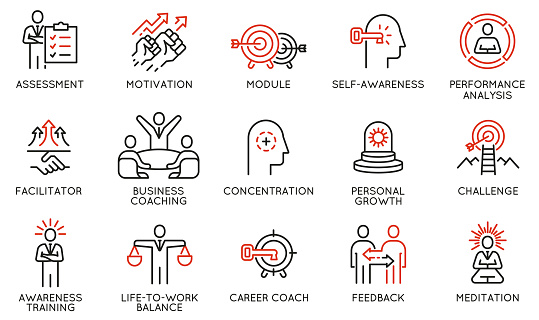 Vector Set of Linear Icons Related to Coaching, Career Development and Striving for Self-Realization. Mono Line Pictograms and Infographics Design Elements