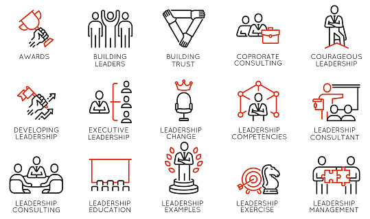 Vector Set of Linear Icons Related to Leadership Development, Categories, Executive and Education. Mono Line Pictograms and Infographics Design Elements