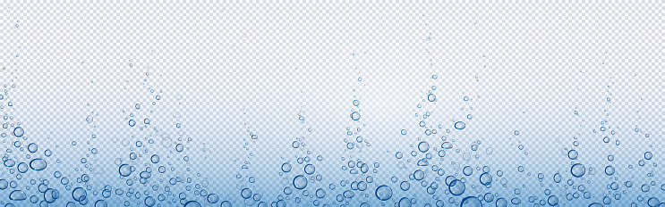 Soda bubbles, water or oxygen air fizz, carbonated drink, underwater abstract background. Dynamic motion, transparent aqua with randomly moving fizzing moisture drops, realistic 3d vector illustration