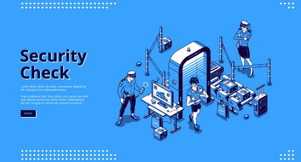 Security check control in airport terminal Security check banner. Police control safety in airport terminal before boarding. Vector landing page with isometric checkpoint with baggage conveyor belt and metal detector frame airport borders stock illustrations