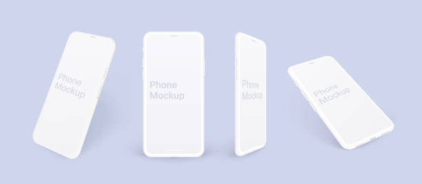 realistyczna makieta telefonu, glina mobilna koncepcja zestawu z cieniem izolowanym. białe smartfony pod różnymi kątami wyświetlają się z pustym ekranem, ilustracja wektorowa 3d mocku do prezentacji projektu aplikacji. - smartphone stock illustrations