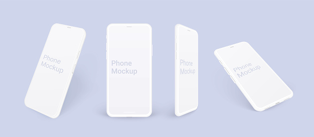 Realistic phone mockup, clay mobile set concept with shadow isolated. White smartphones in different angles view with blank screen, 3d vector illustration.