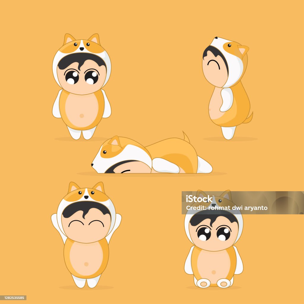 Set Of Funny Cartoon Animals Costume Of Chorgi Dog With Kid Stock  Illustration - Download Image Now - iStock