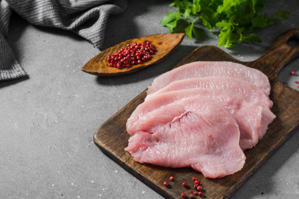 istock Raw Turkey meat on a wooden Board on a gray table. Top view with copy space 1282535599