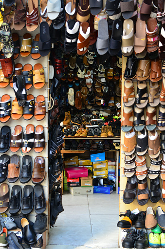Jeddah, Mecca Region, Saudi Arabia: shoes on display - shop at Suq Bab Makkah