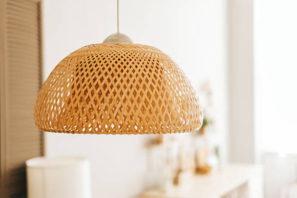 Straw lampshade in modern living room. Eco-friendly interior design