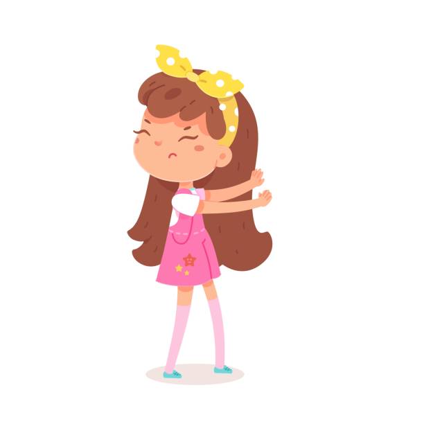 Sad angry girl standing and fighting. Frustrated child with dislike face expression. Negative emotion and distress vector illustration. Cute little kid in bad mood on white background Sad angry girl standing and fighting. Frustrated child with dislike face expression. Negative emotion and distress vector illustration. Cute little kid in bad mood on white background. clip art of a yuck mouth stock illustrations